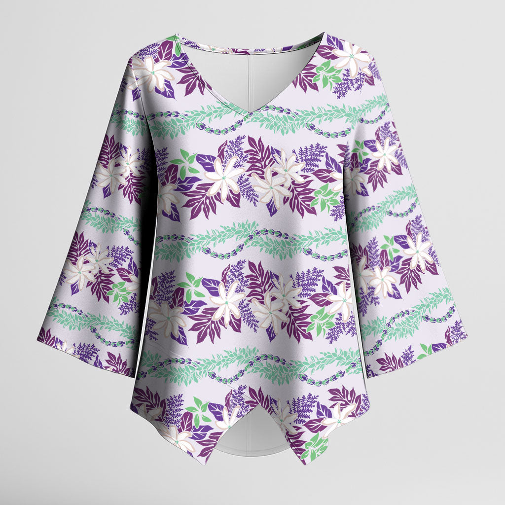 Monstera Tiare Plumeria Lei Pattern Kimono Sleeve Blouse Purple Version