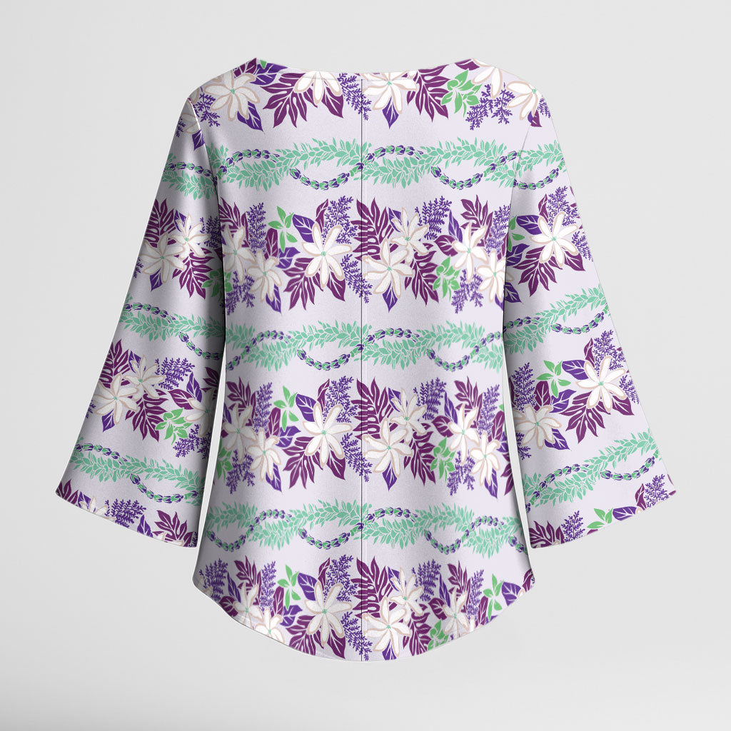 Monstera Tiare Plumeria Lei Pattern Kimono Sleeve Blouse Purple Version