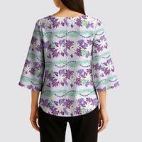 Monstera Tiare Plumeria Lei Pattern Kimono Sleeve Blouse Purple Version