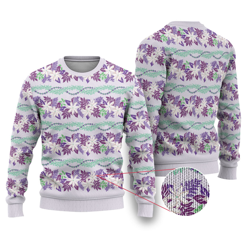 Monstera Tiare Plumeria Lei Pattern Ugly Christmas Sweater Purple Version
