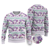 Monstera Tiare Plumeria Lei Pattern Ugly Christmas Sweater Purple Version
