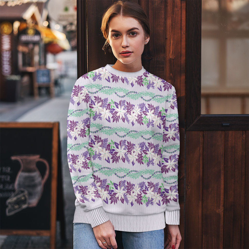 Monstera Tiare Plumeria Lei Pattern Ugly Christmas Sweater Purple Version