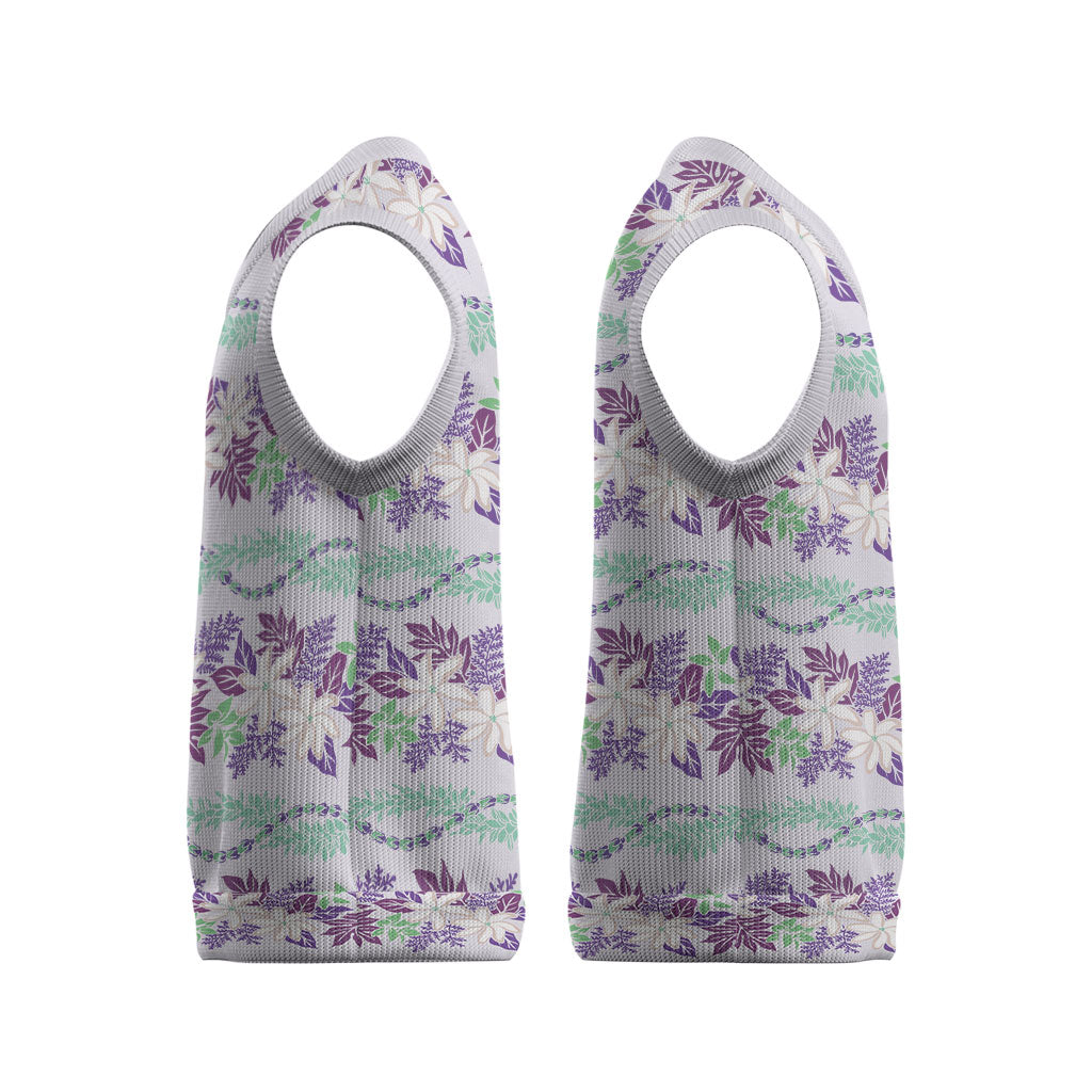 Monstera Tiare Plumeria Lei Pattern Christmas Knitted V-Neck Vest Purple Version