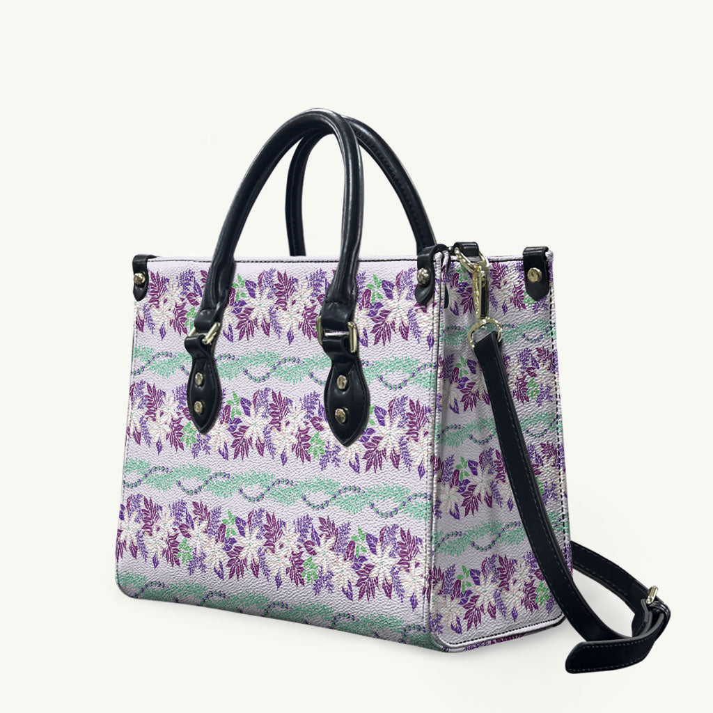 Monstera Tiare Plumeria Lei Pattern Leather Bag Purple Version