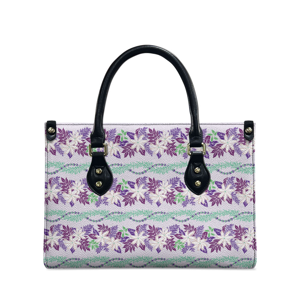 Monstera Tiare Plumeria Lei Pattern Leather Bag Purple Version
