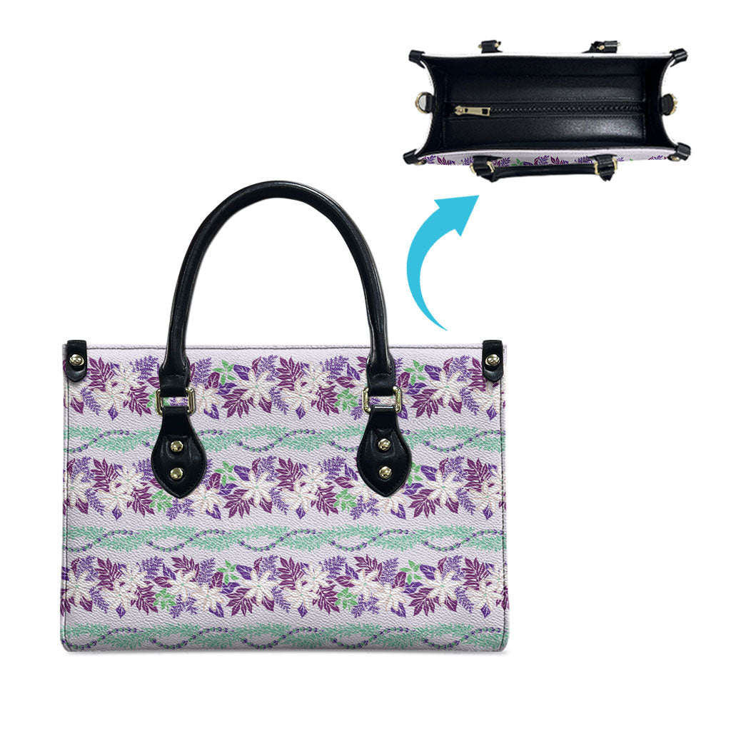 Monstera Tiare Plumeria Lei Pattern Leather Bag Purple Version