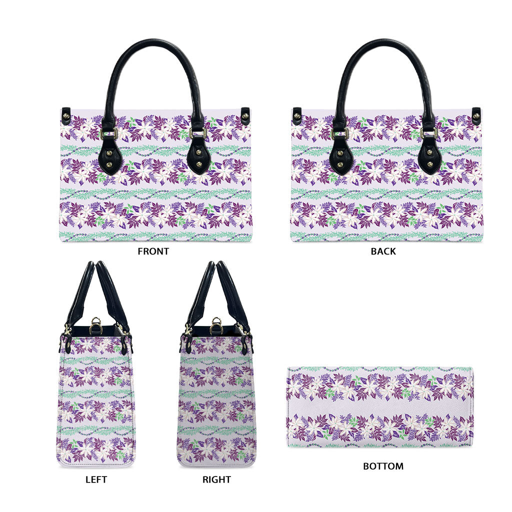 Monstera Tiare Plumeria Lei Pattern Leather Bag Purple Version