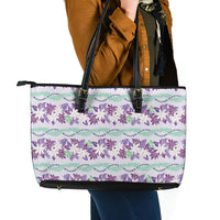 Monstera Tiare Plumeria Lei Pattern Leather Tote Bag Purple Version