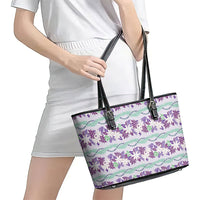 Monstera Tiare Plumeria Lei Pattern Leather Tote Bag Purple Version