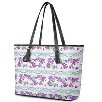 Monstera Tiare Plumeria Lei Pattern Leather Tote Bag Purple Version