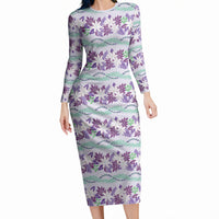 Monstera Tiare Plumeria Lei Pattern Long Sleeve Bodycon Dress Purple Version