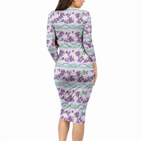 Monstera Tiare Plumeria Lei Pattern Long Sleeve Bodycon Dress Purple Version
