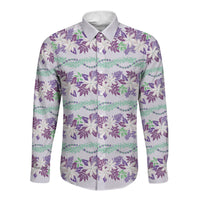 Monstera Tiare Plumeria Lei Pattern Long Sleeve Button Shirt Purple Version