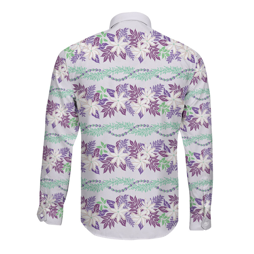 Monstera Tiare Plumeria Lei Pattern Long Sleeve Button Shirt Purple Version