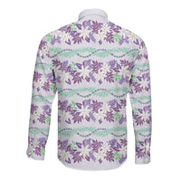 Monstera Tiare Plumeria Lei Pattern Long Sleeve Button Shirt Purple Version