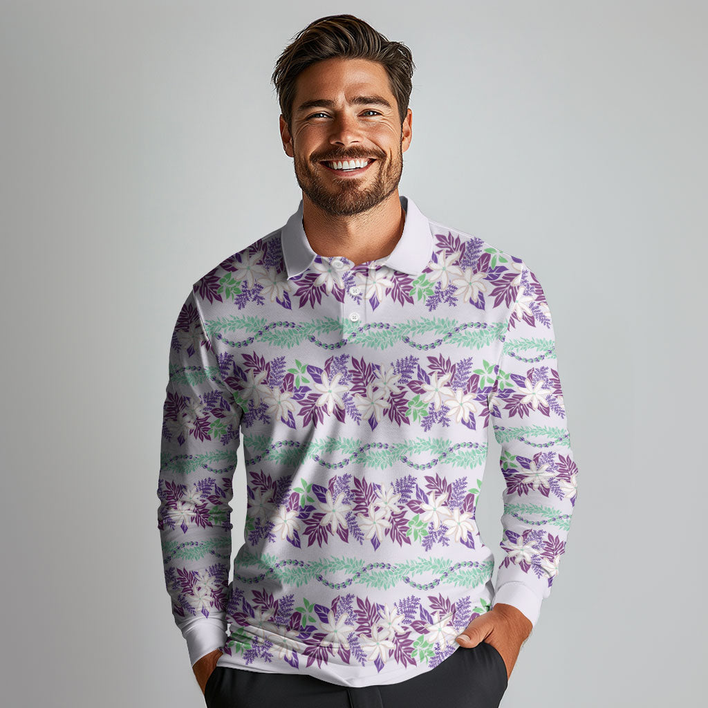 Monstera Tiare Plumeria Lei Pattern Long Sleeve Polo Shirt Purple Version