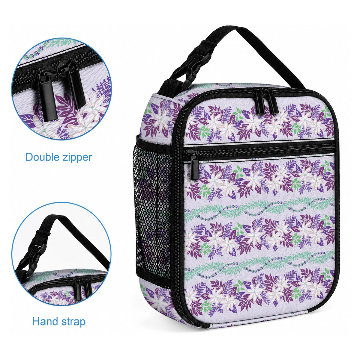 Monstera Tiare Plumeria Lei Pattern Lunch Bag Purple Version