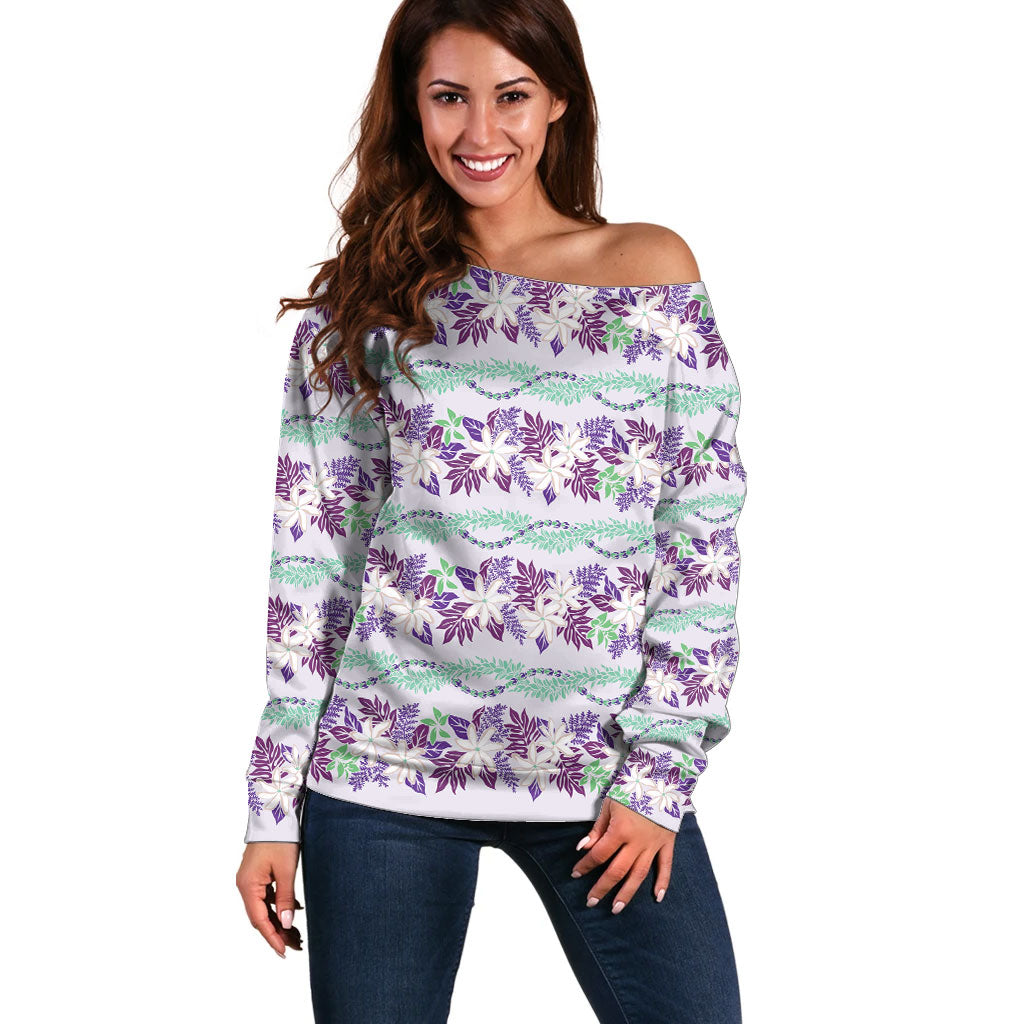 Monstera Tiare Plumeria Lei Pattern Off Shoulder Sweater Purple Version