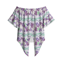 Monstera Tiare Plumeria Lei Pattern Off Shoulder Wrap Waist Top Purple Version
