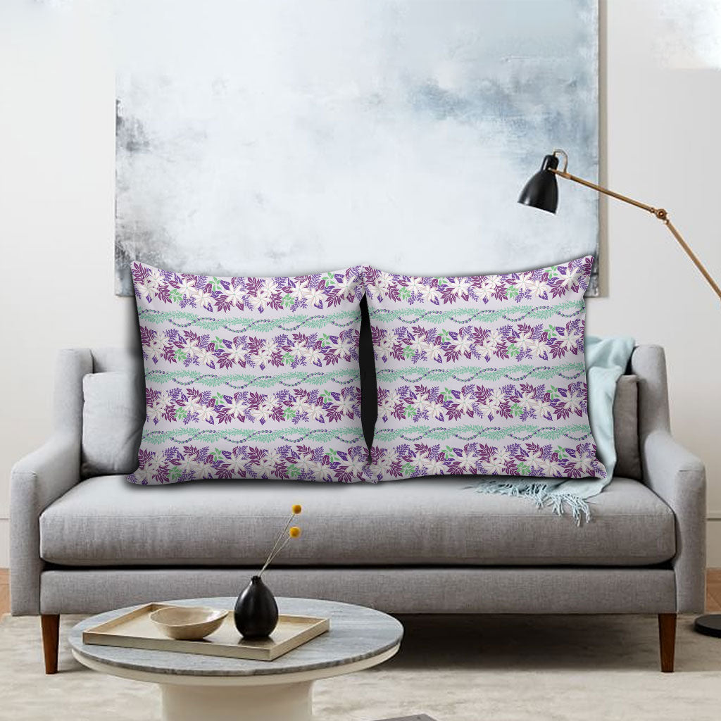 Monstera Tiare Plumeria Lei Pattern Pillow Cover Purple Version