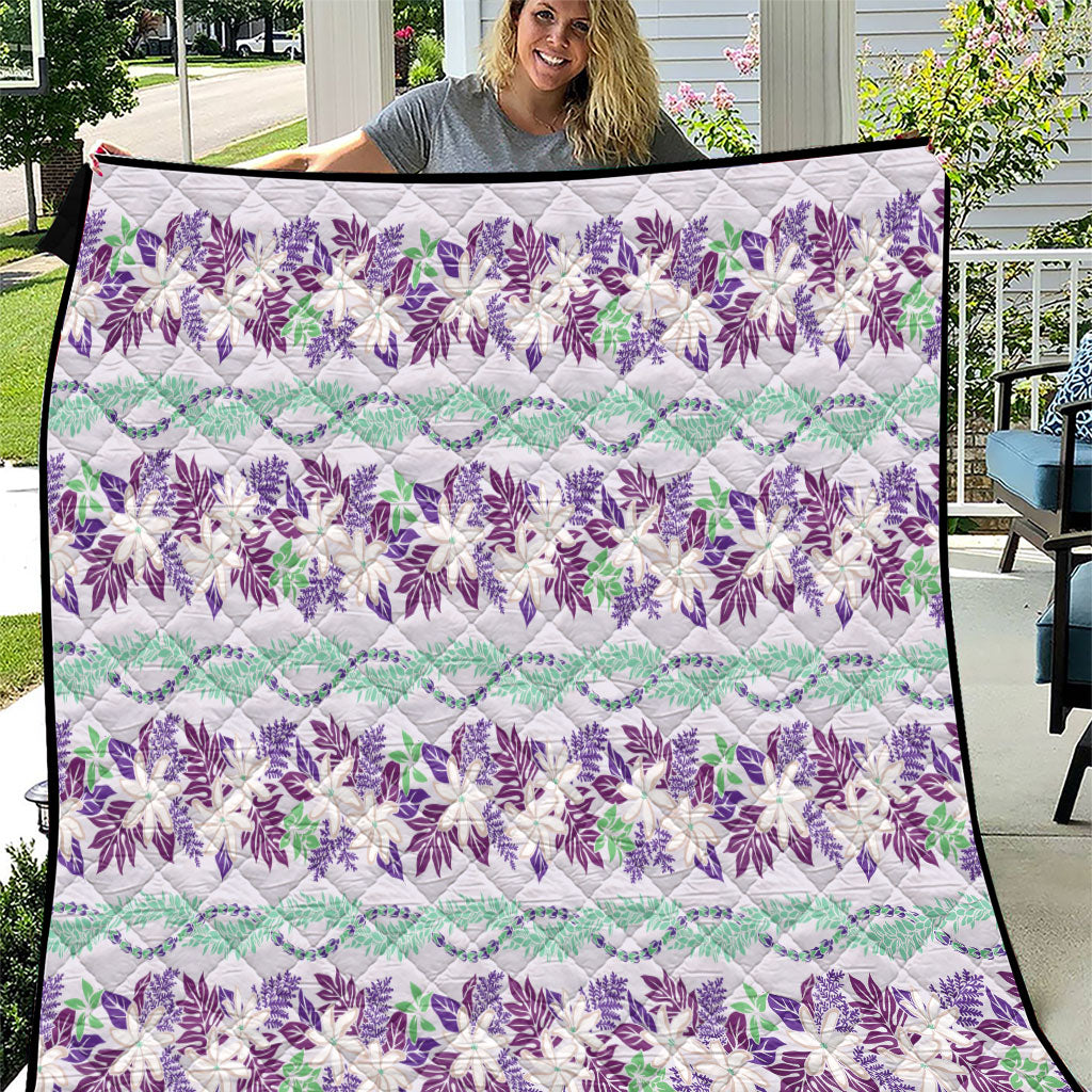 Monstera Tiare Plumeria Lei Pattern Quilt Purple Version
