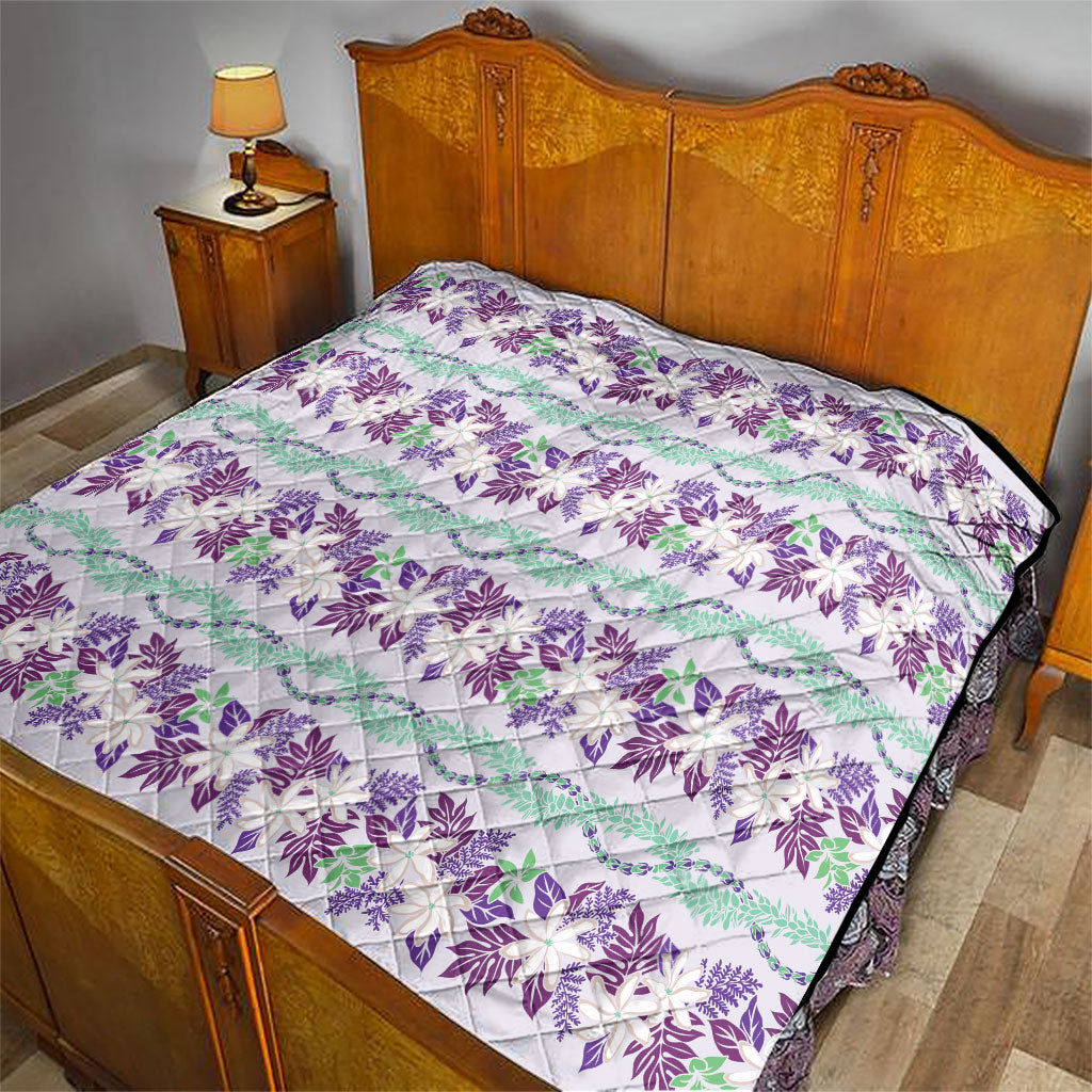 Monstera Tiare Plumeria Lei Pattern Quilt Purple Version