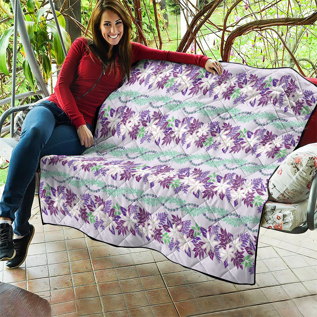Monstera Tiare Plumeria Lei Pattern Quilt Purple Version
