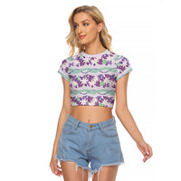 Monstera Tiare Plumeria Lei Pattern Raglan Cropped T Shirt Purple Version LT01 Female Purple - Polynesian Pride