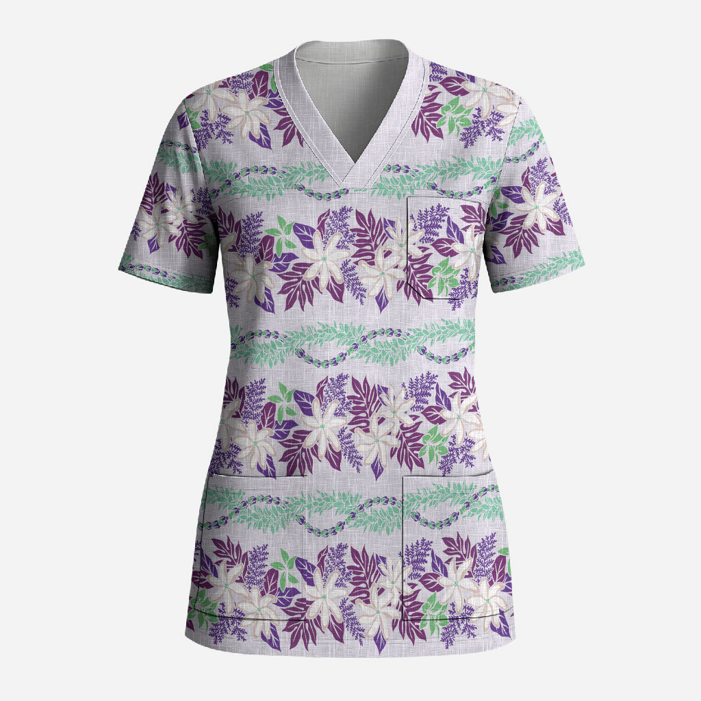 Monstera Tiare Plumeria Lei Pattern Scrub Top Purple Version