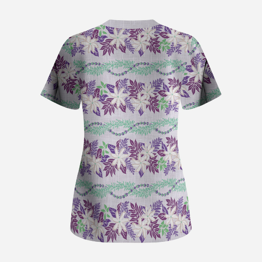 Monstera Tiare Plumeria Lei Pattern Scrub Top Purple Version