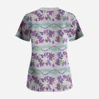 Monstera Tiare Plumeria Lei Pattern Scrub Top Purple Version