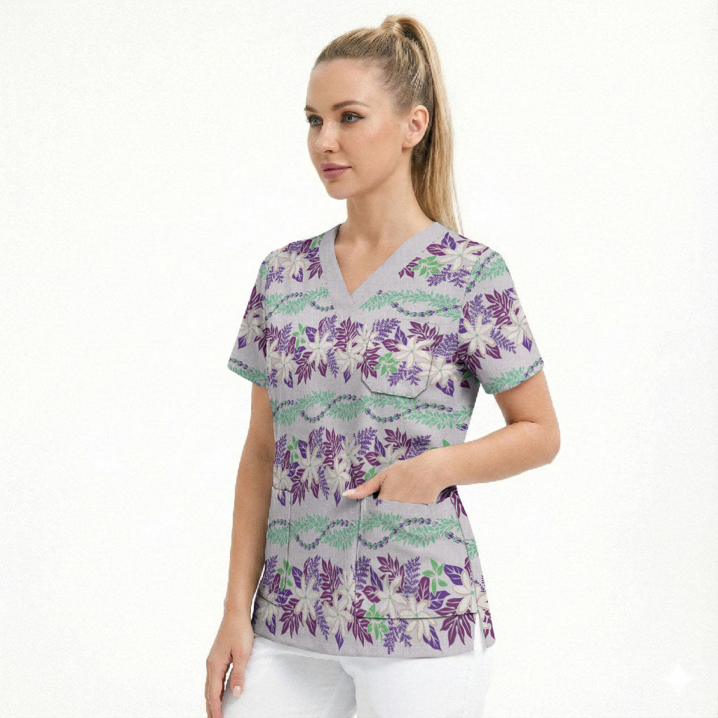 Monstera Tiare Plumeria Lei Pattern Scrub Top Purple Version