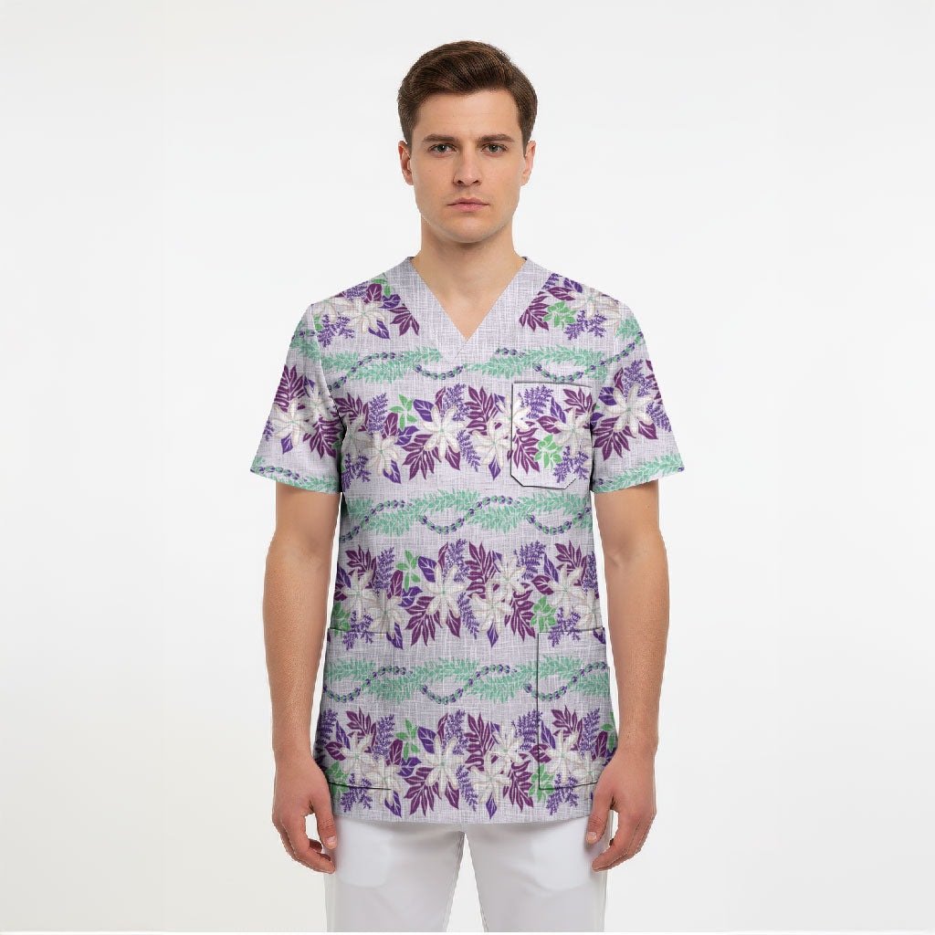 Monstera Tiare Plumeria Lei Pattern Scrub Top Purple Version