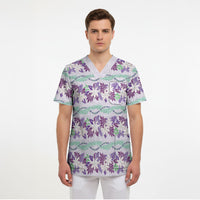 Monstera Tiare Plumeria Lei Pattern Scrub Top Purple Version