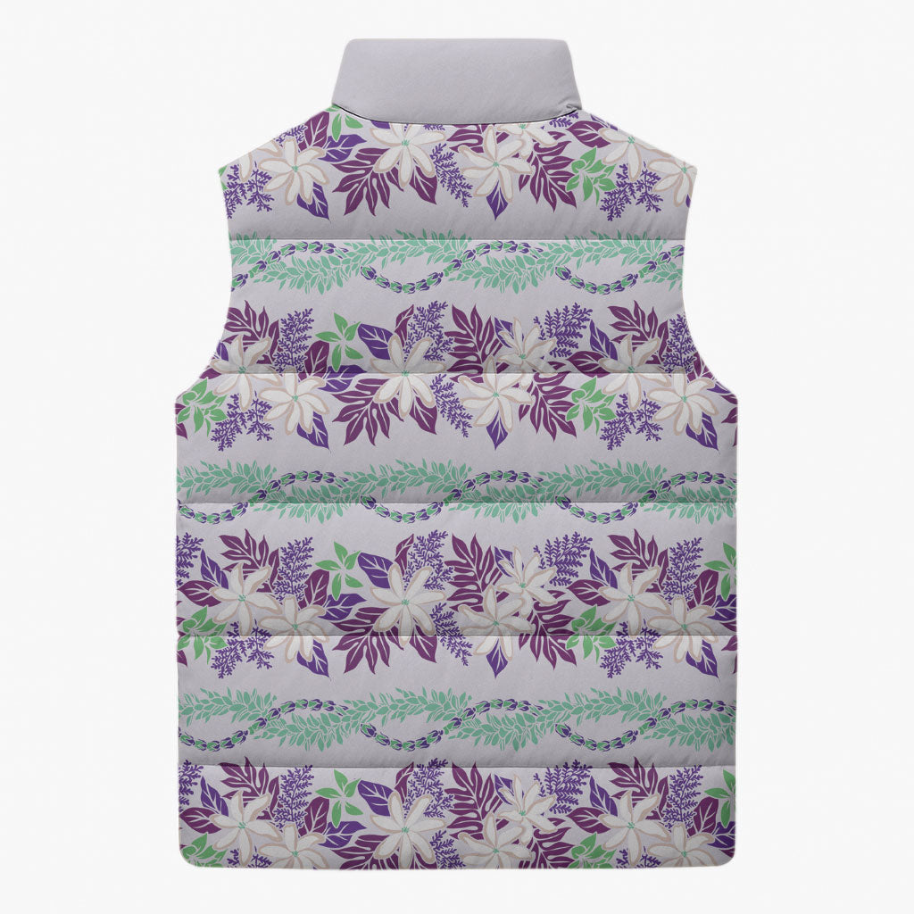 Monstera Tiare Plumeria Lei Pattern Sleeveless Puffer Jacket Purple Version