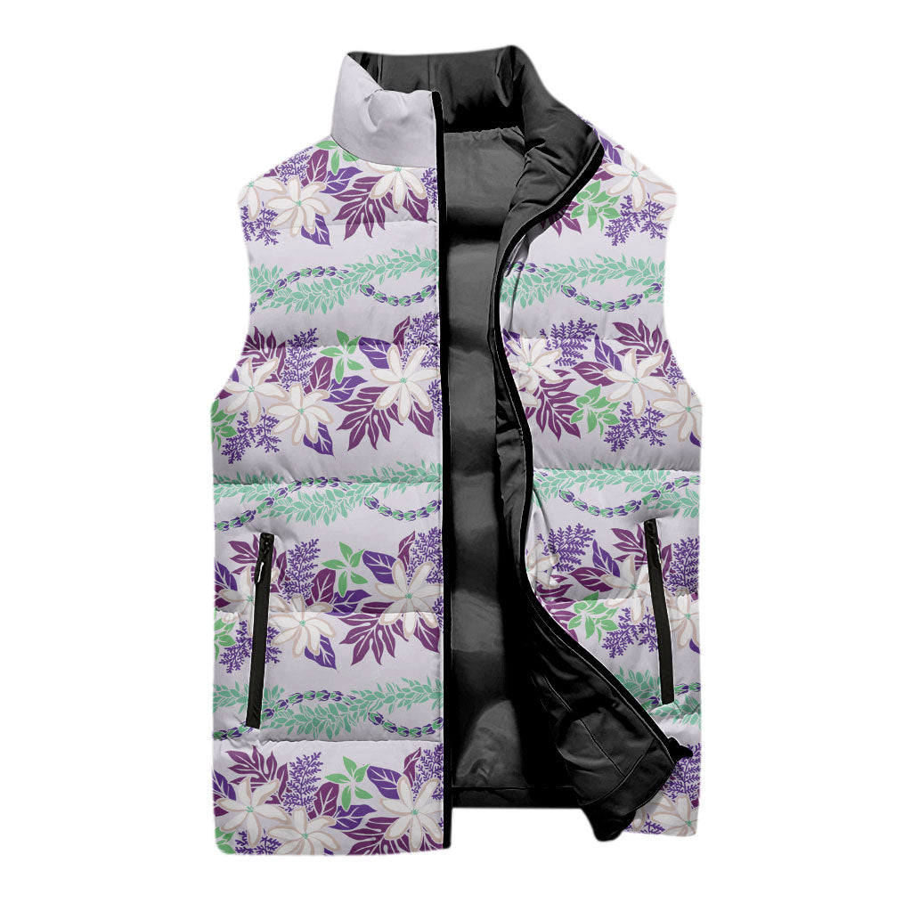 Monstera Tiare Plumeria Lei Pattern Sleeveless Puffer Jacket Purple Version