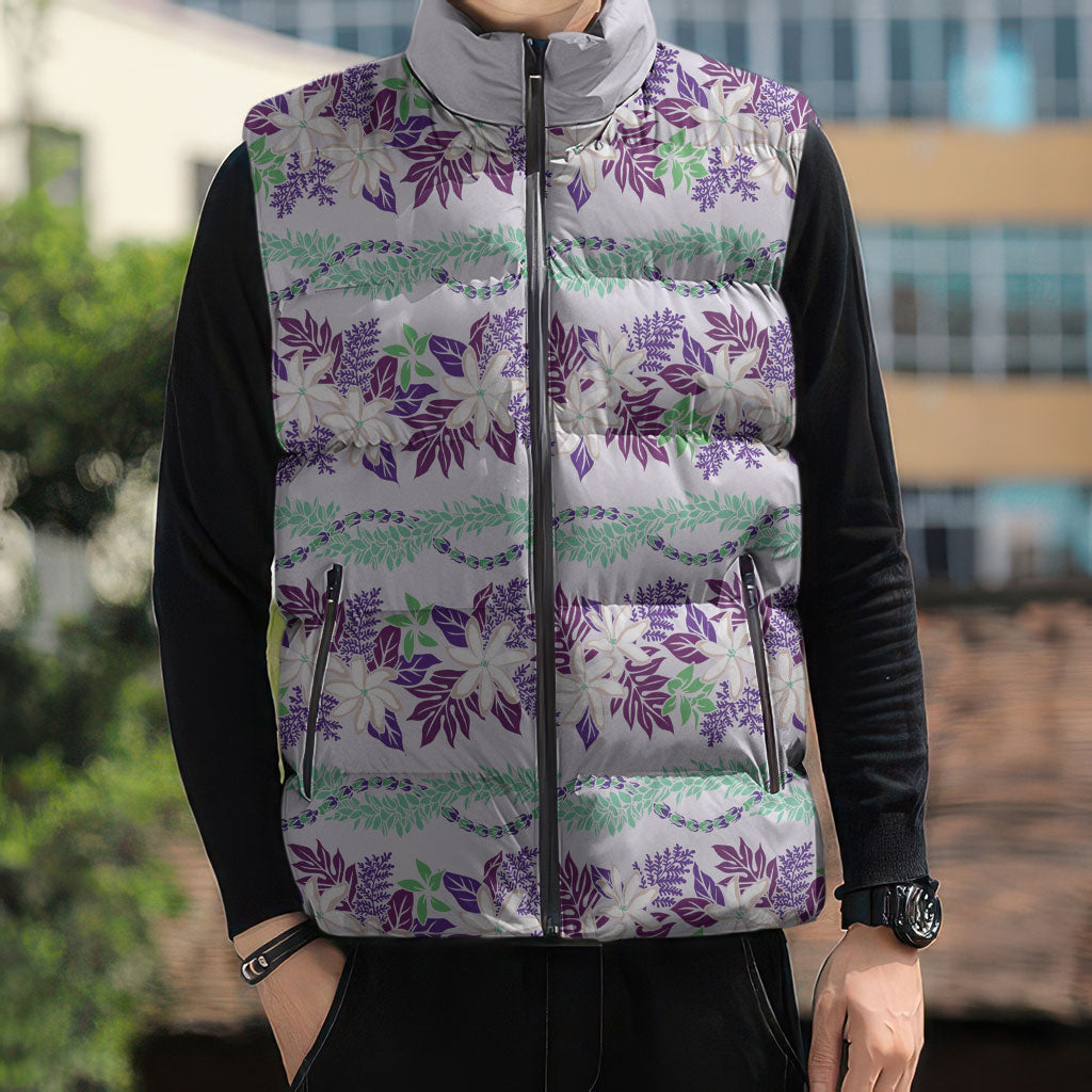 Monstera Tiare Plumeria Lei Pattern Sleeveless Puffer Jacket Purple Version