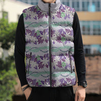 Monstera Tiare Plumeria Lei Pattern Sleeveless Puffer Jacket Purple Version