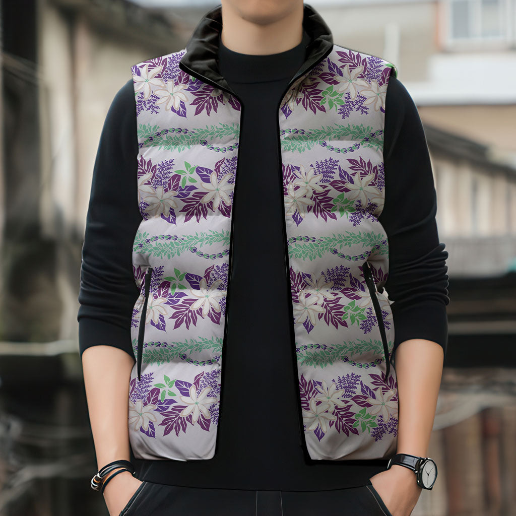 Monstera Tiare Plumeria Lei Pattern Sleeveless Puffer Jacket Purple Version