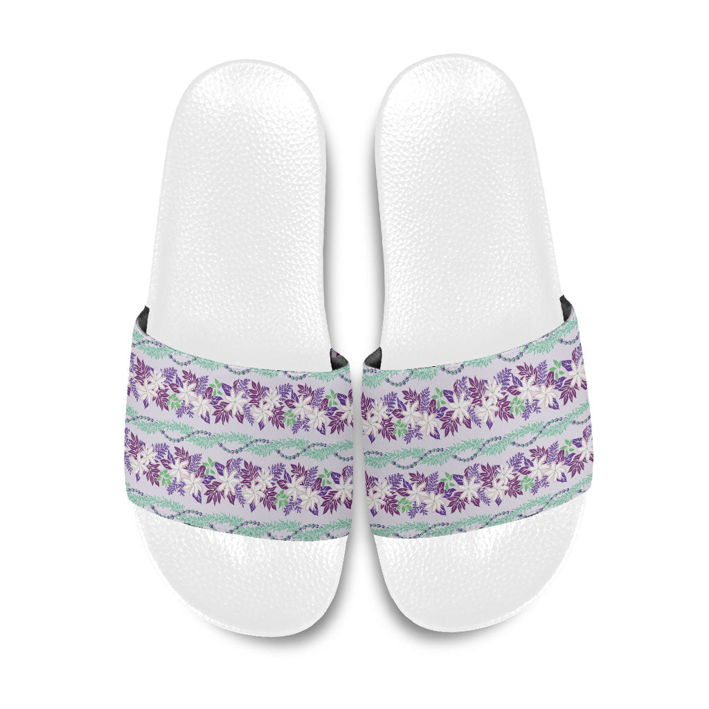 Monstera Tiare Plumeria Lei Pattern Slide Sandals Purple Version LT01 Purple - Polynesian Pride