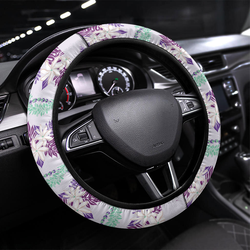 Monstera Tiare Plumeria Lei Pattern Steering Wheel Cover Purple Version