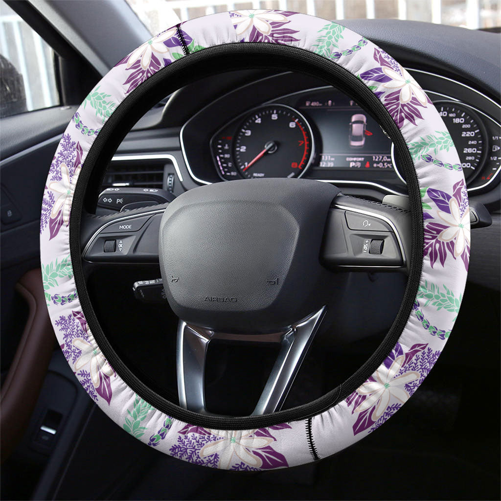 Monstera Tiare Plumeria Lei Pattern Steering Wheel Cover Purple Version