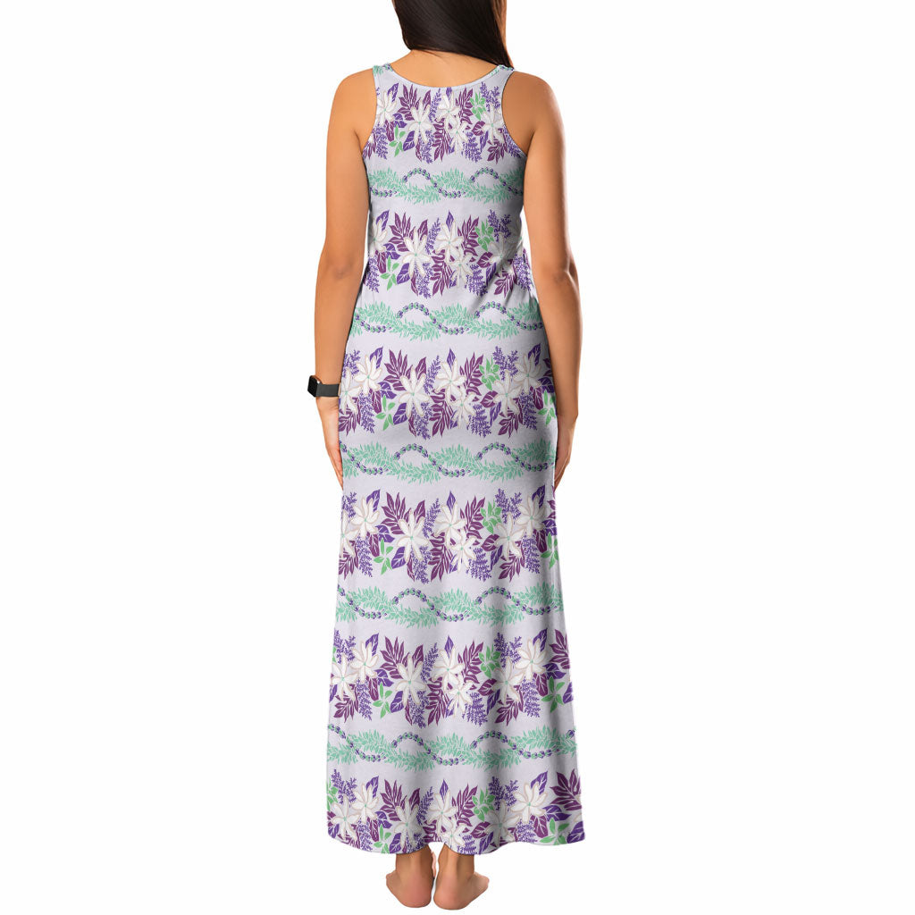 Monstera Tiare Plumeria Lei Pattern Tank Maxi Dress Purple Version