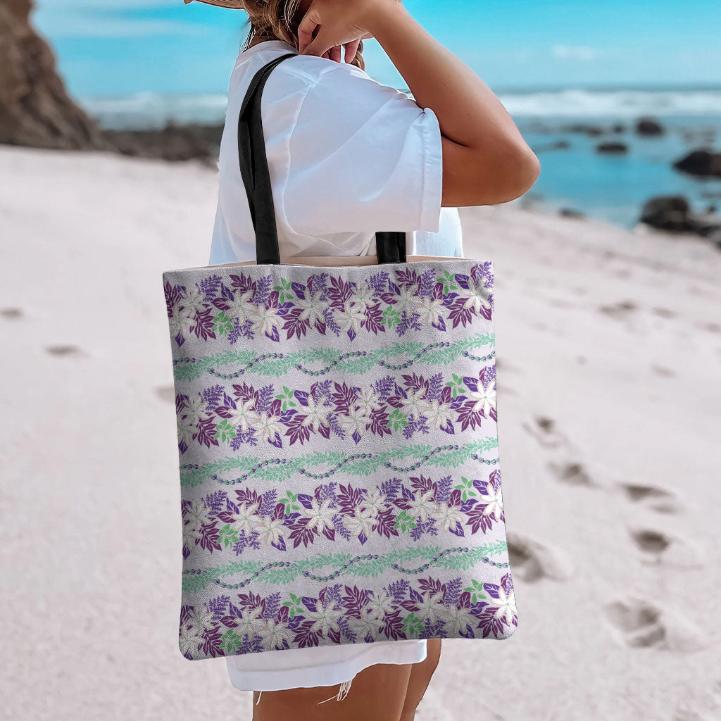 Monstera Tiare Plumeria Lei Pattern Tote Bag Purple Version