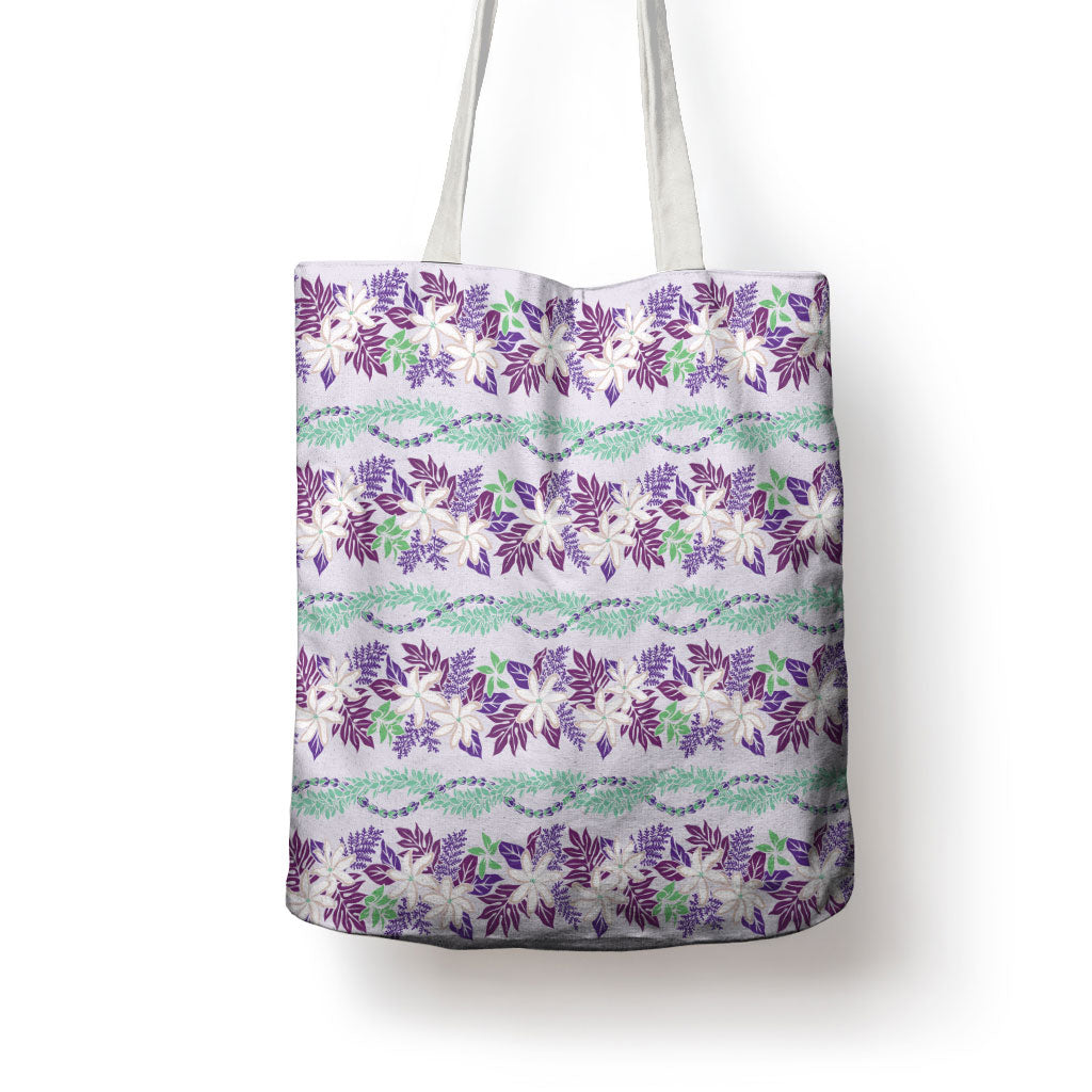Monstera Tiare Plumeria Lei Pattern Tote Bag Purple Version