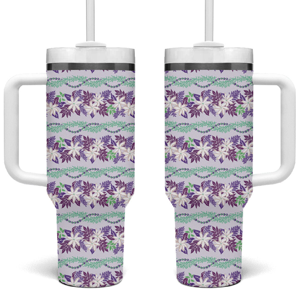 Monstera Tiare Plumeria Lei Pattern Tumbler With Handle Purple Version
