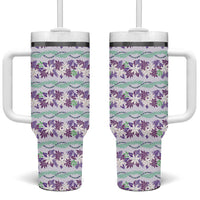 Monstera Tiare Plumeria Lei Pattern Tumbler With Handle Purple Version
