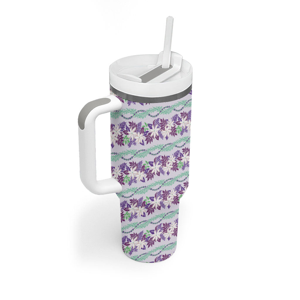 Monstera Tiare Plumeria Lei Pattern Tumbler With Handle Purple Version