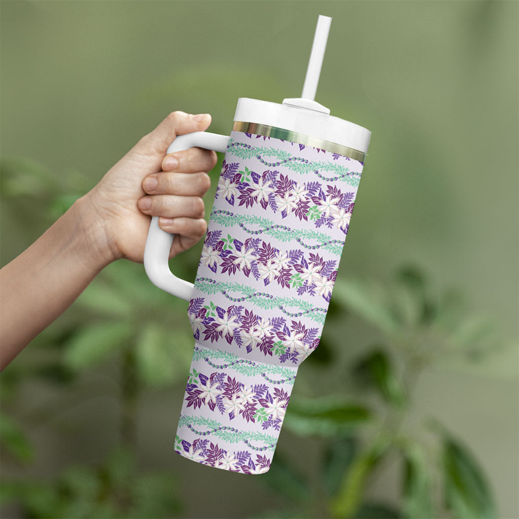 Monstera Tiare Plumeria Lei Pattern Tumbler With Handle Purple Version