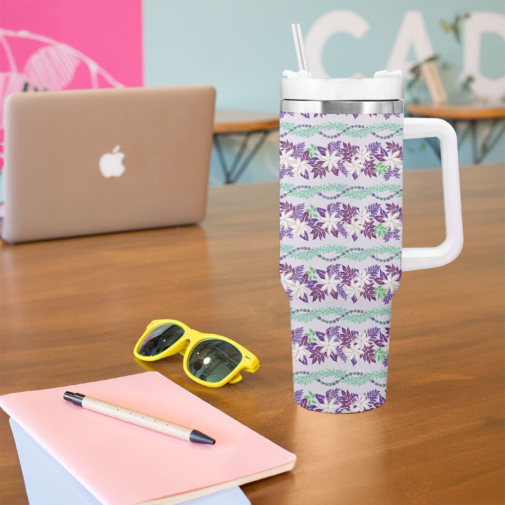 Monstera Tiare Plumeria Lei Pattern Tumbler With Handle Purple Version